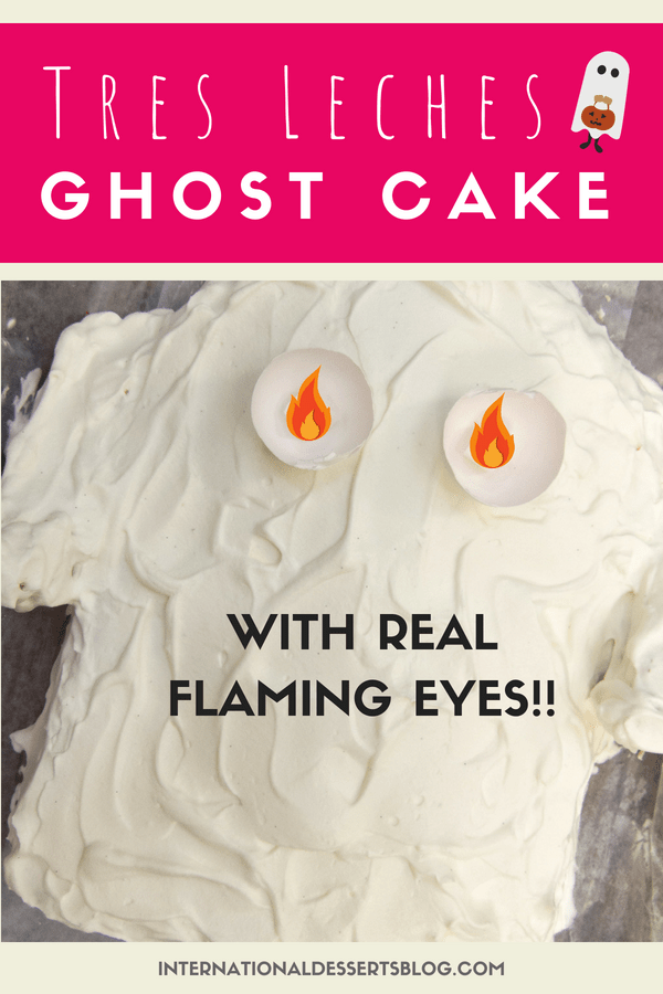 Remember this Flaming Eye Ghost Cake from childhood? The eyes glow in the dark! I made this one even better by making a Tres Leches Cake. So cute for a Halloween party or birthday!