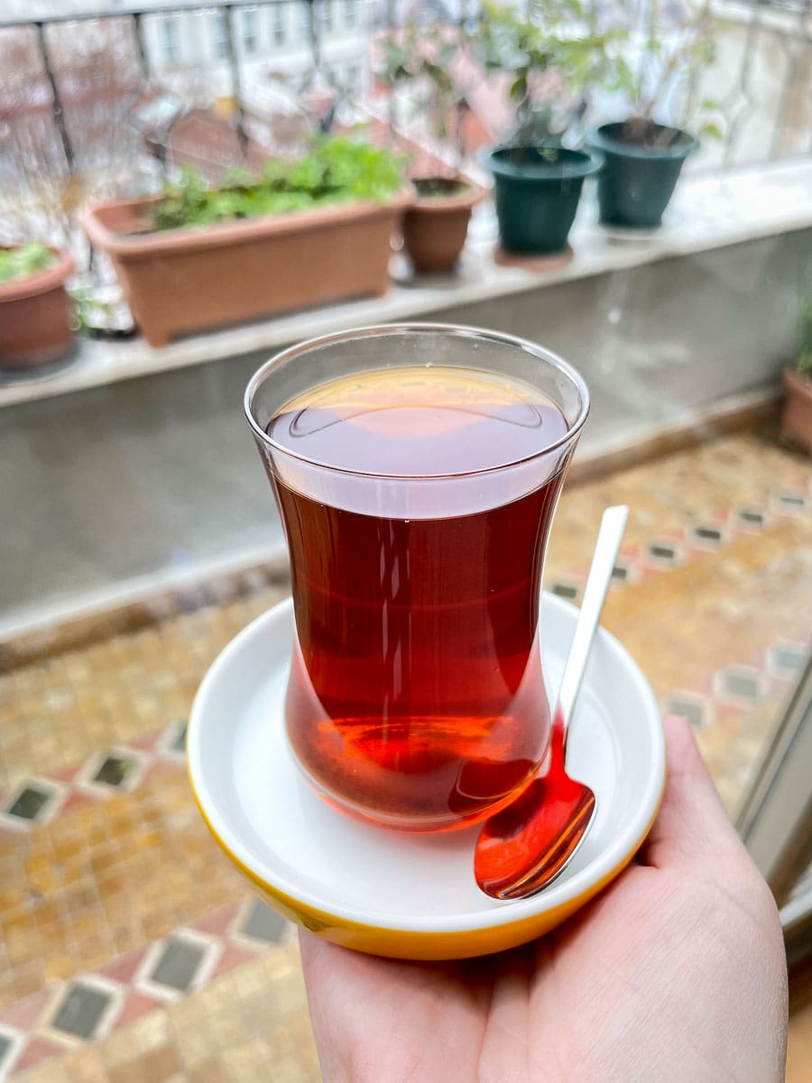 Turkish tea with a spoon and saucer
